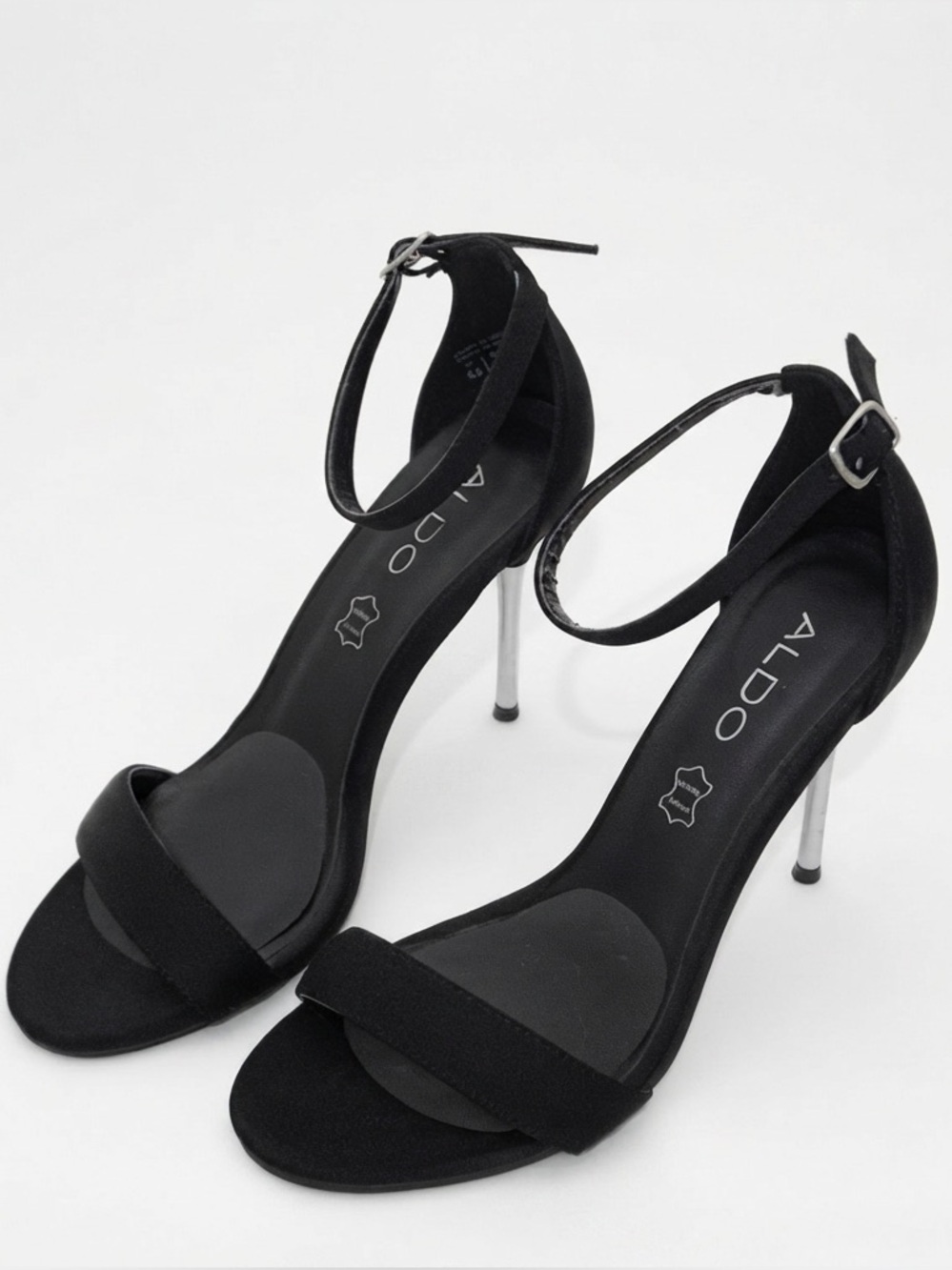 ALDO Black Ankle Strap Stiletto Sandals Silver Heel Formal Dressy Women’s Sz 6.5